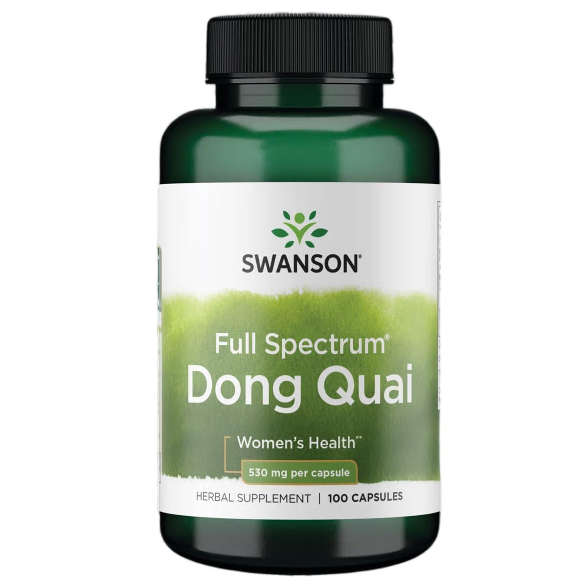 Swanson Dong Quai 530 mg en bouteille, soutien potentiel au cycle féminin et au confort quotidien.