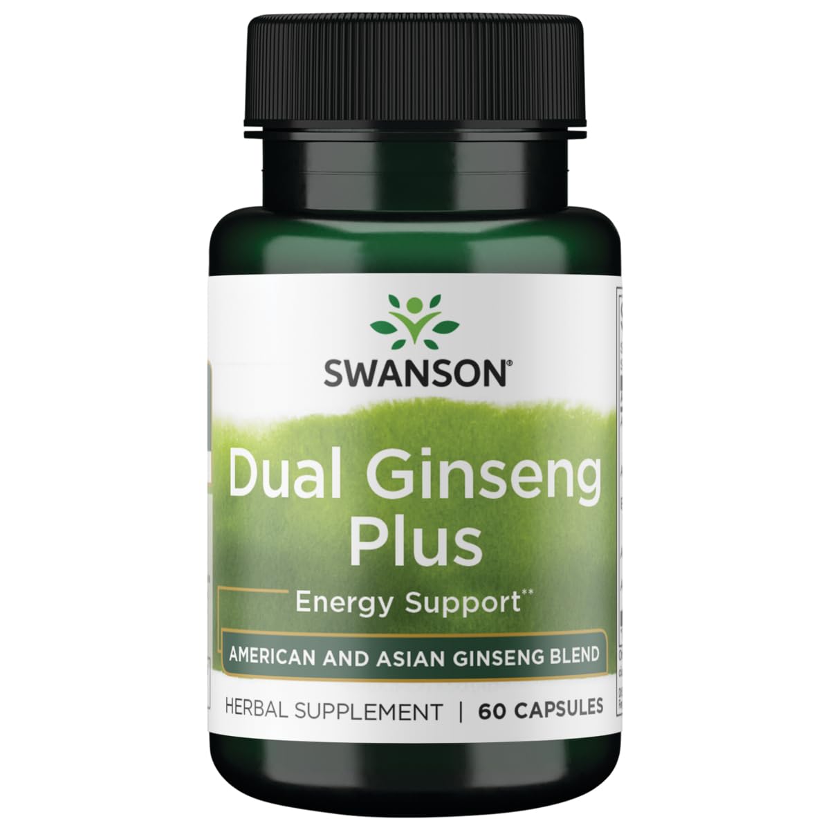 Swanson Dual Ginseng Plus bouteille, gélules visibles pour énergie soutenue au quotidien