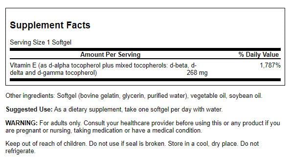 Swanson E-400 Tocophérols, bouteille de gelules prête à l’usage.