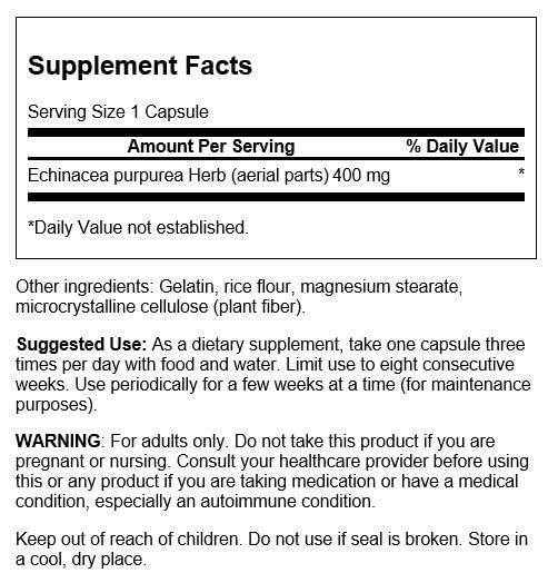 Swanson Echinacea 400 mg — emballage et gélules, forme pratique pour la routine immunitaire.