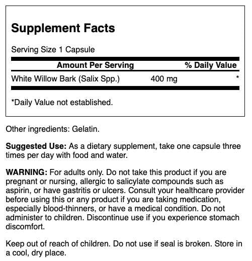 Swanson Écorce de saule blanc 400 mg – étiquette et dosage, soutien quotidien potentiel