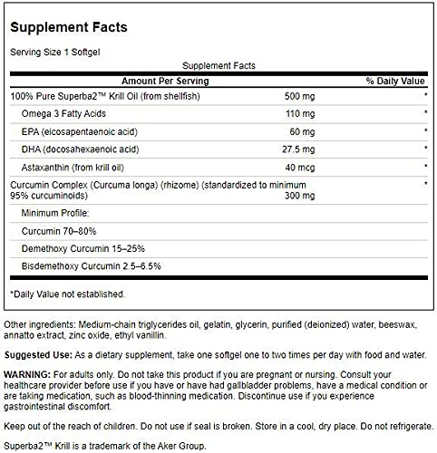 Swanson EFA Krill Oil Curcumine, gélules dorées, faciles à avaler pour une routine santé.