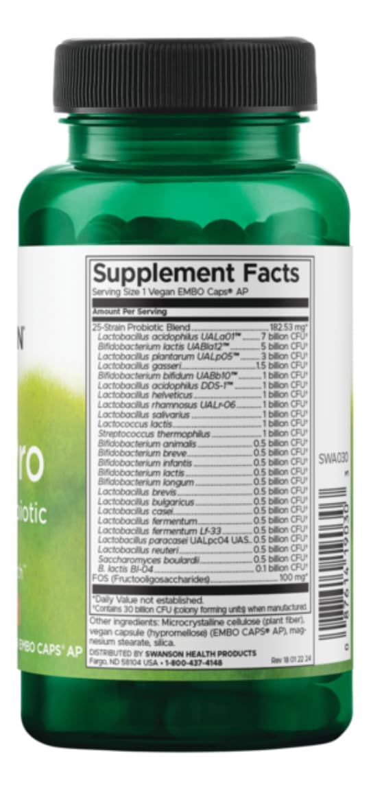 Étiquette Swanson Epic-Pro avec 25 souches et prébiotiques NutraFlora FOS.