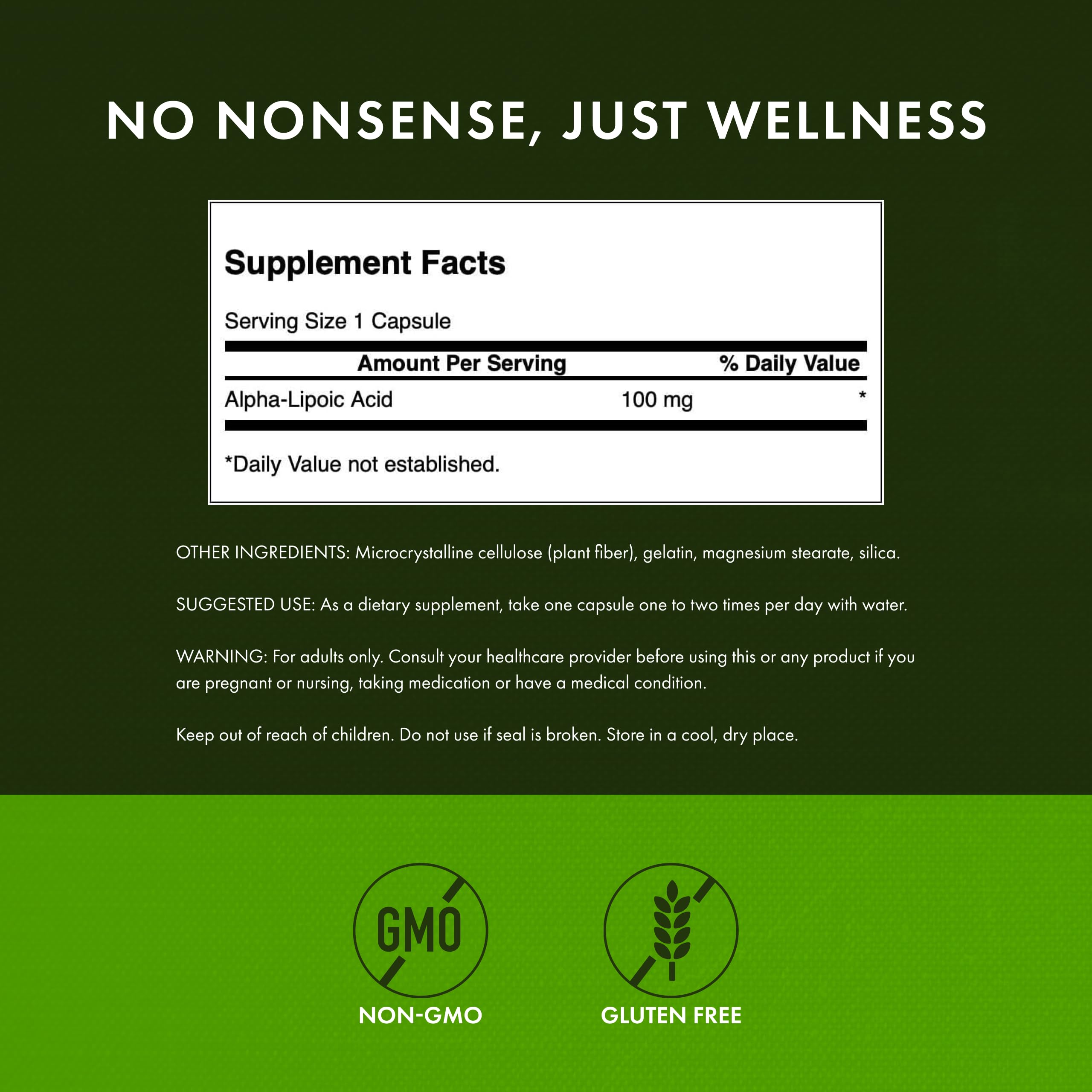 Swanson Acide alpha-lipoïque etiquette-dosage: informations claires sur le dosage recommandé.