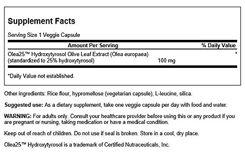 Étiquette Swanson Extrait Feuille Olivier, hydroxytyrosol standardisé à 25%.