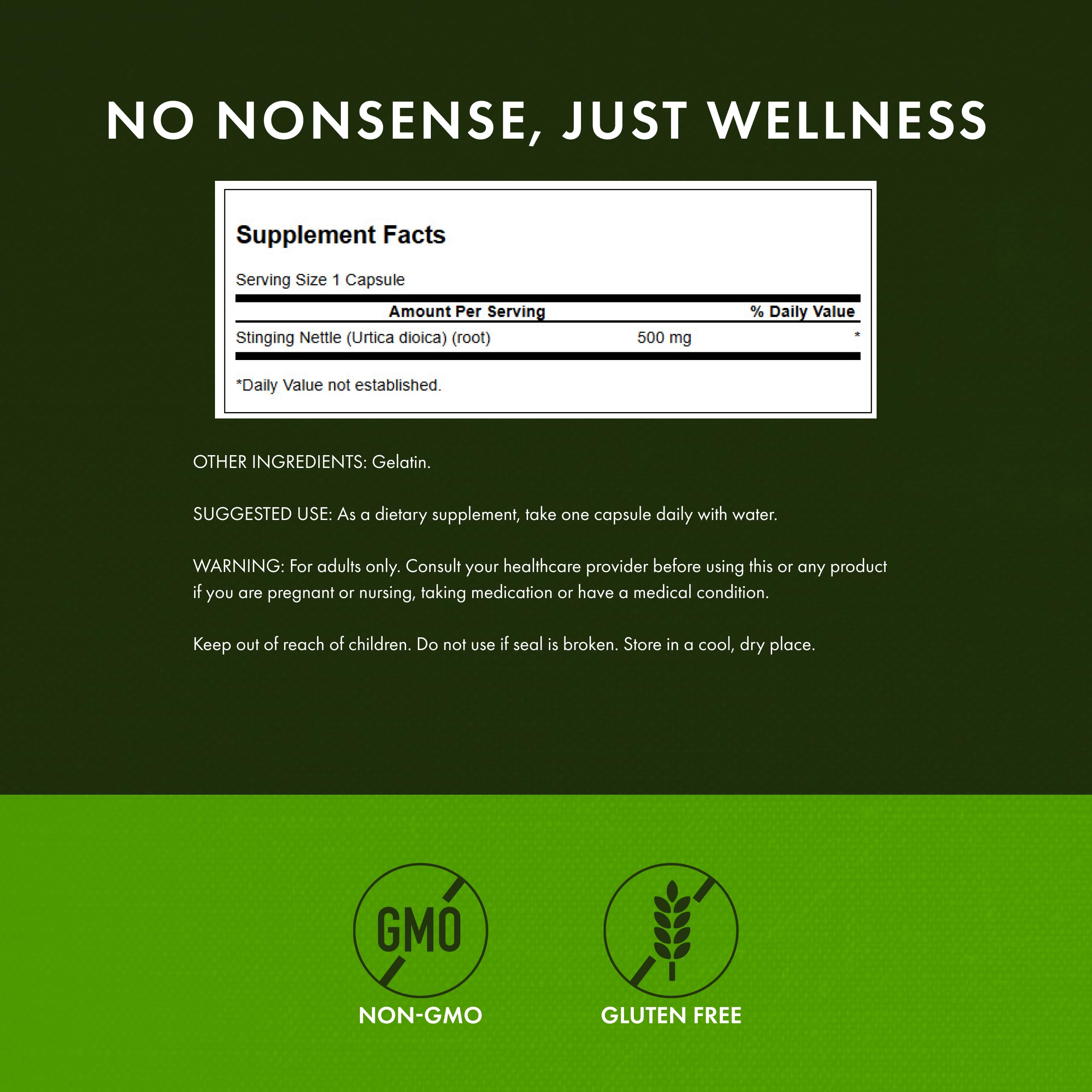 Étiquette Swanson ortie-racine 500 mg, informations claires sur le produit.