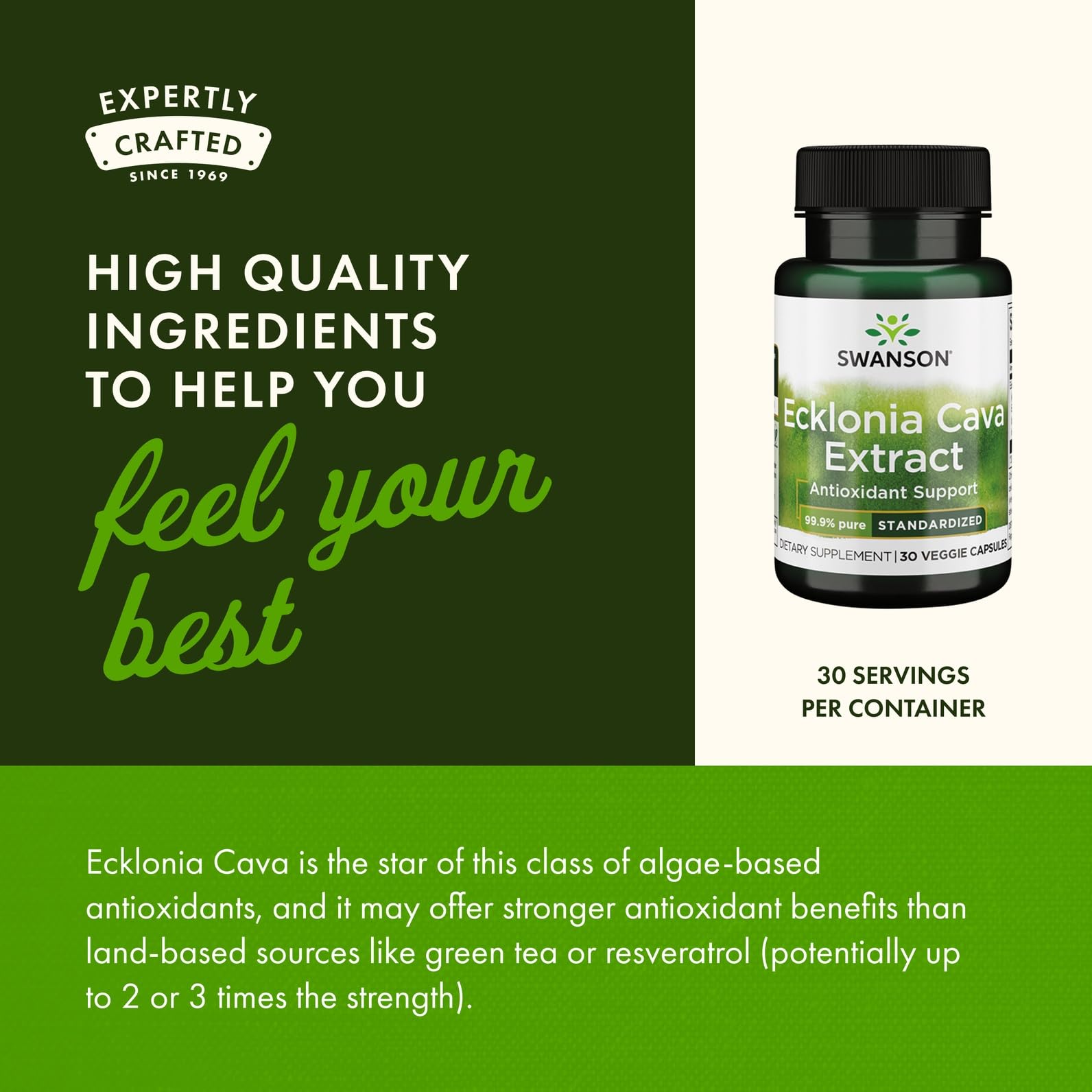 Swanson Ecklonia Cava Extrait — tableau nutritionnel clair et informations de dosage.