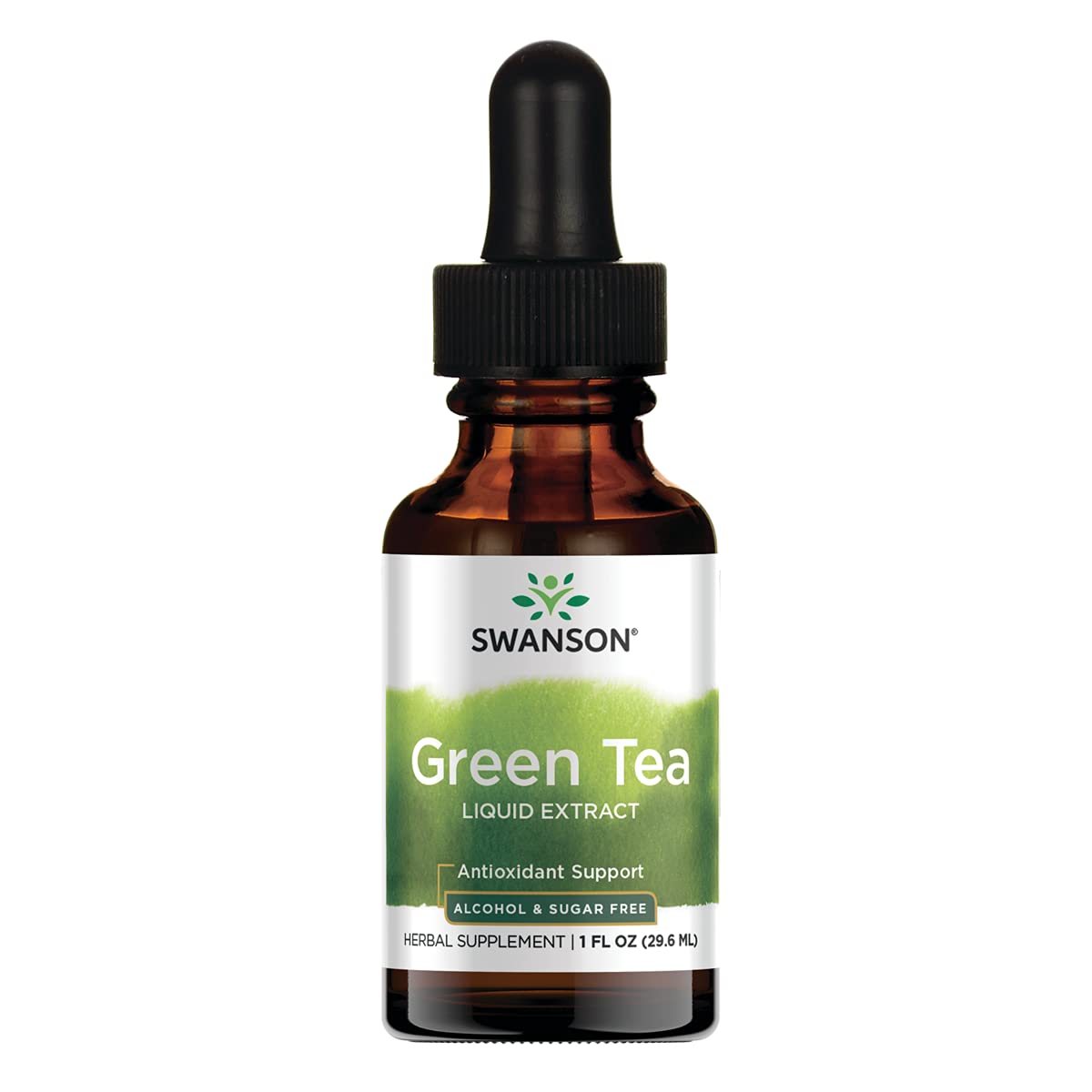 Swanson Extrait liquide thé vert, bouteille 30 ml sans alcool et dosage facile.
