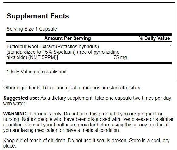 Étiquette Swanson pétasite 75 mg - pureté et dosage visibles