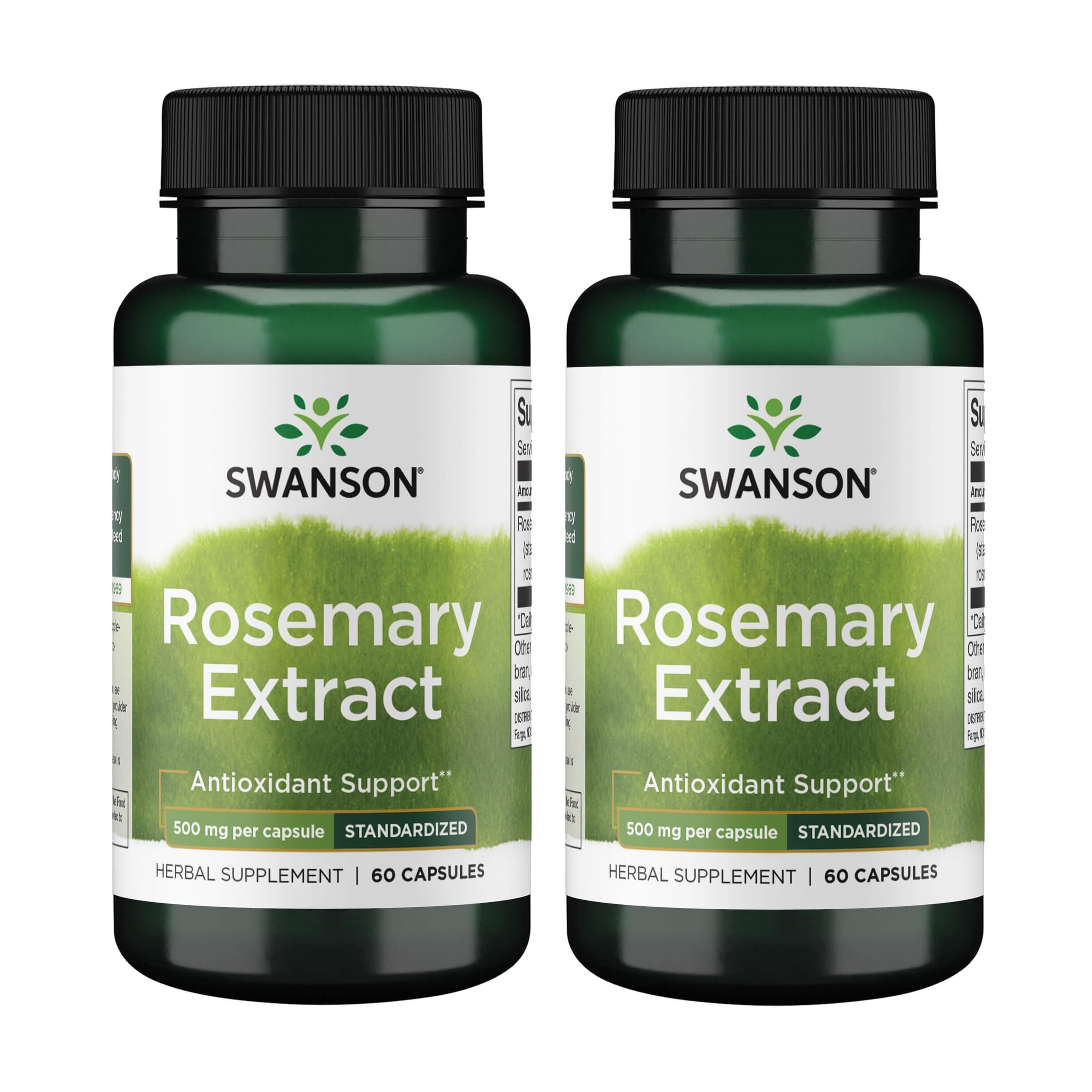 Swanson Extrait de romarin standardisé en bouteille, gélules visibles et potentiel antioxydant.