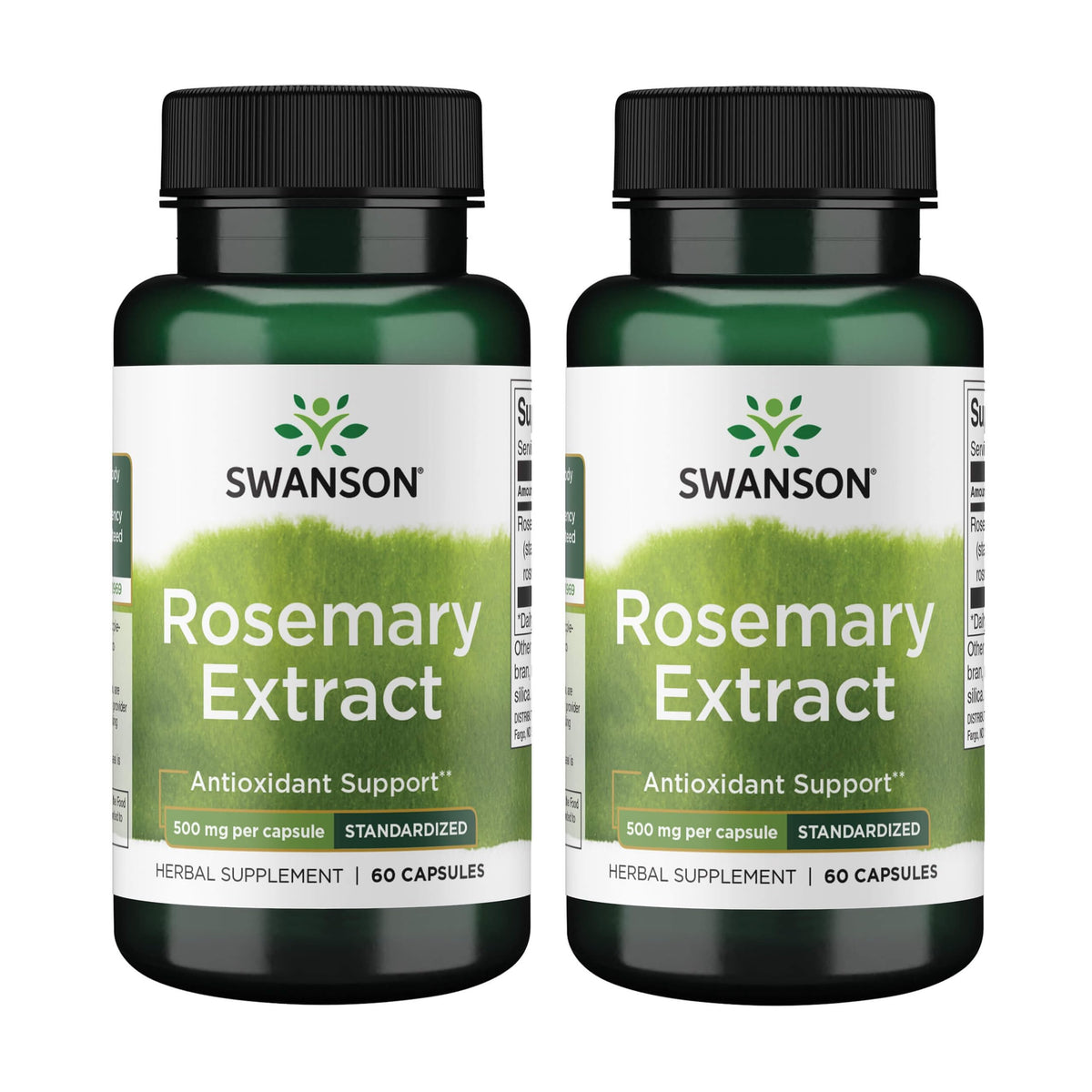 Swanson Extrait de romarin standardisé en bouteille, gélules visibles et potentiel antioxydant.