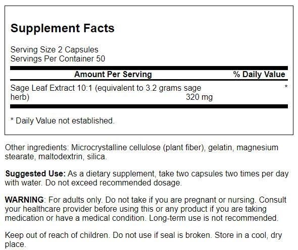 Swanson Extrait de sauge – Étiquette du produit, formule pure et sûre.