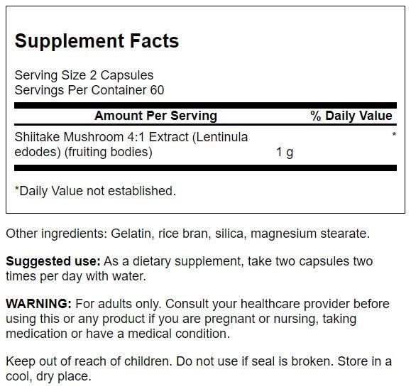 Swanson Shiitake 4:1, étiquette et capsules – soutien potentiel pour une vitalité quotidienne.