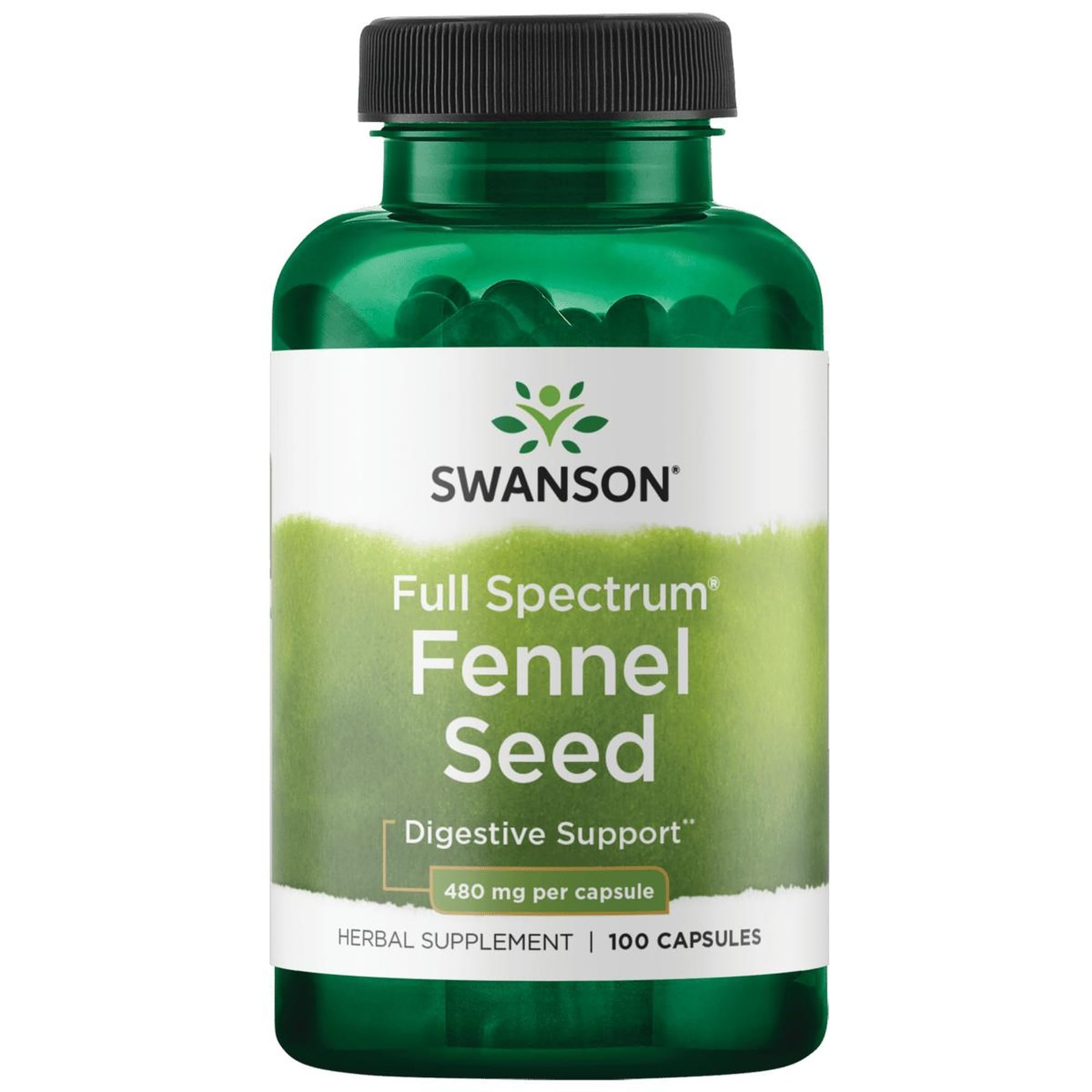 Swanson Fenouil gélules 480 mg sur emballage visible, soutien digestif potentiel.