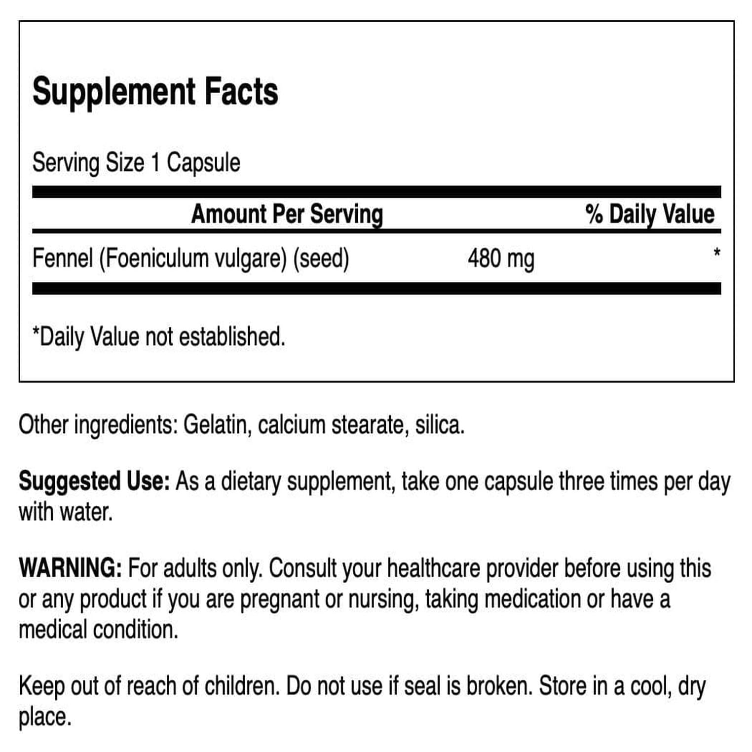 Étiquette lisible Swanson Fenouil sur la bouteille, indication d'usage quotidien.