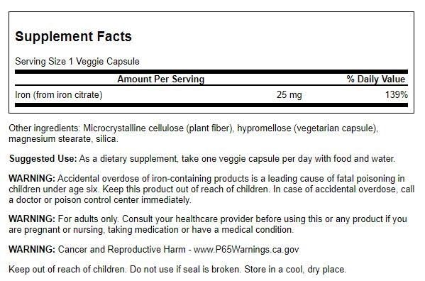 Swanson Fer Citrate 25 mg – capsules végétariennes faciles à avaler pour une supplémentation pratique