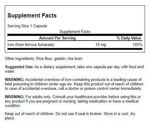 Capsules Swanson Fer Fumarate en dosage quotidien pour l'énergie.
