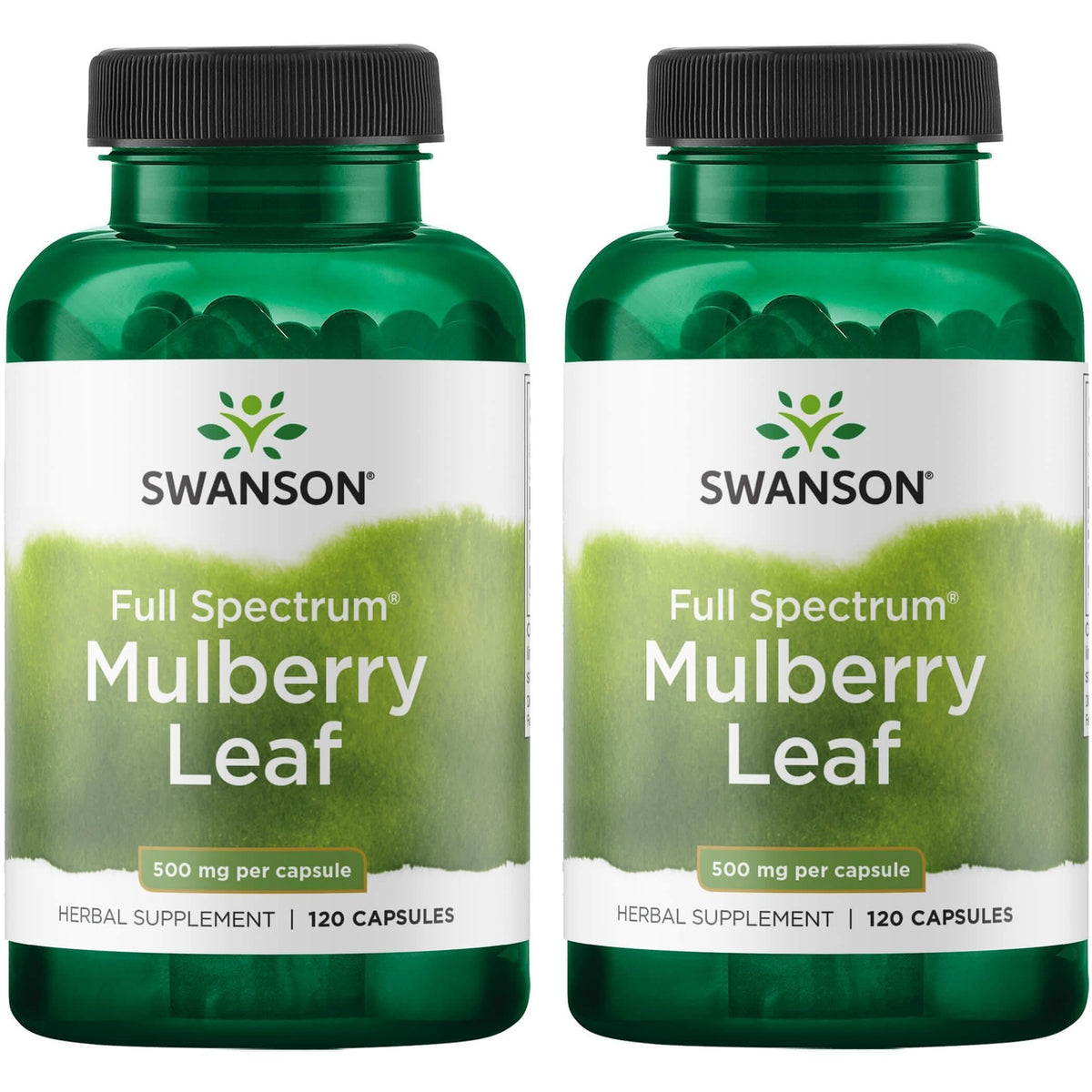 Swanson Feuilles de mûrier, bouteille 500 mg, 120 capsules, lot de 2, soutien potentiel au bien-être quotidien