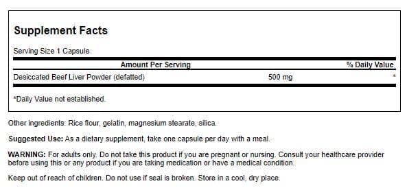 Swanson, capsules de foie boeuf desséché dégraissé, option pratique pour l'apport quotidien