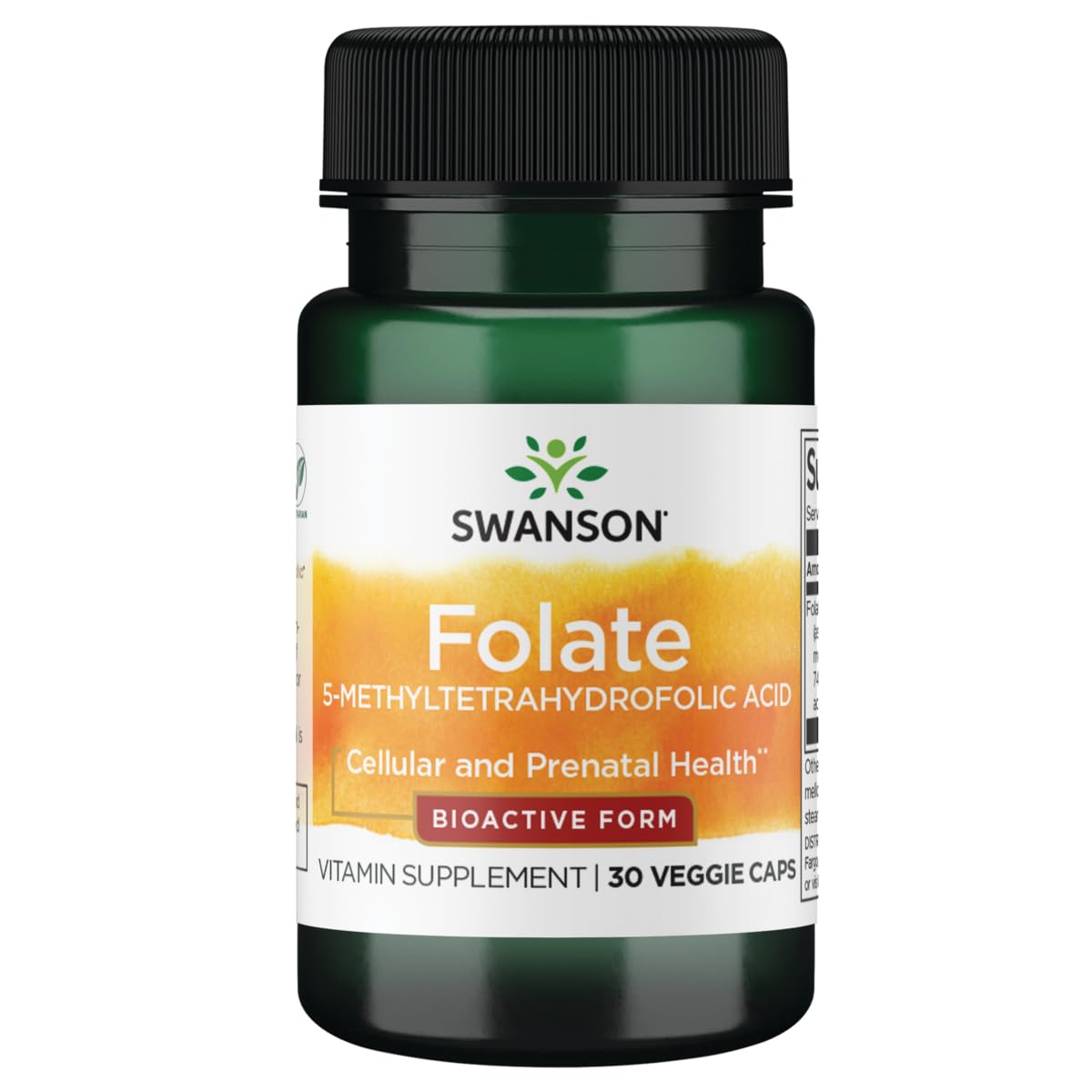 Capsules Swanson Folate 400 mcg, forme bioactive facile à avaler pour un régime vegan.