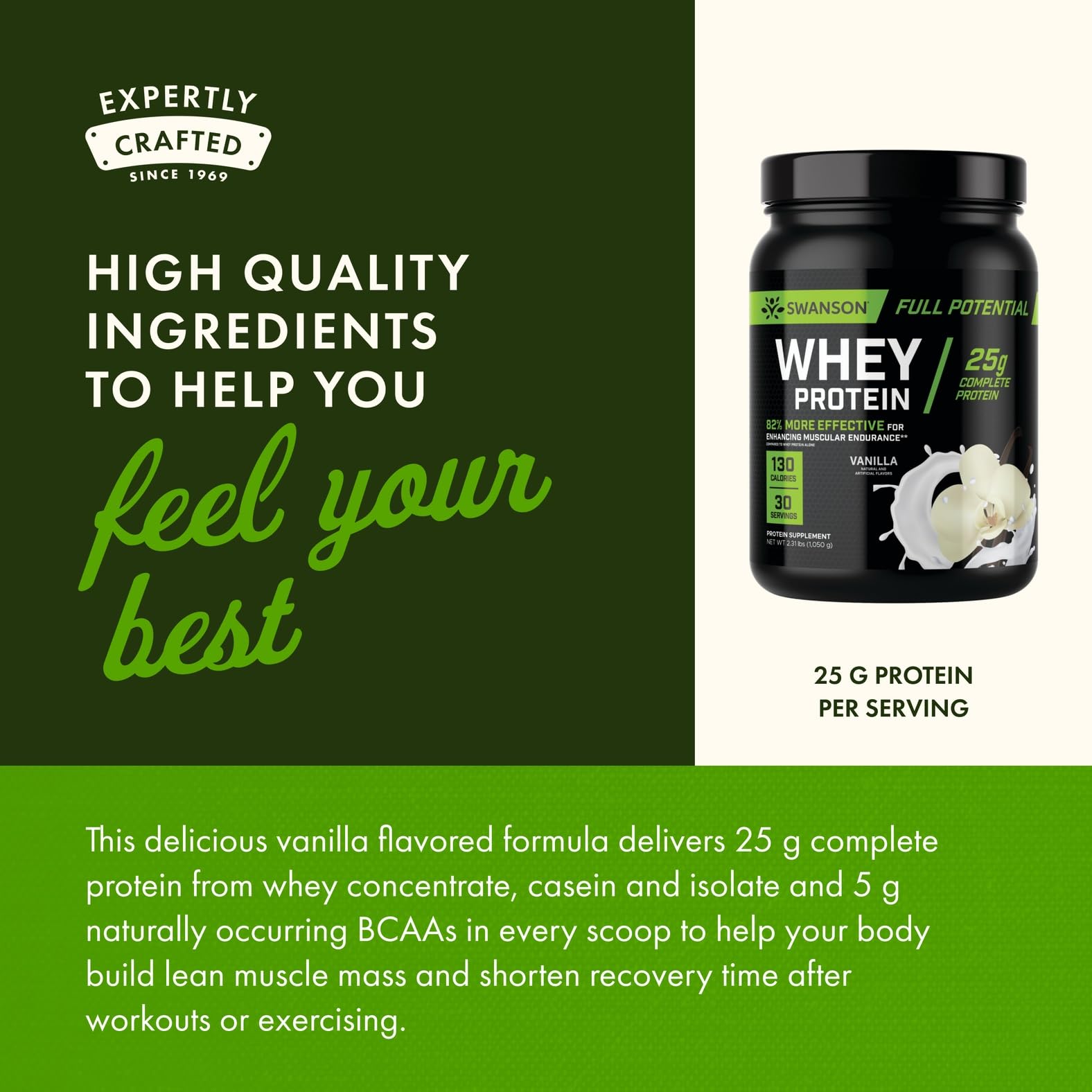 Swanson Full Potential Whey Vanille - cocktail protéique: arôme vanillé lisse pour récupération et énergie.