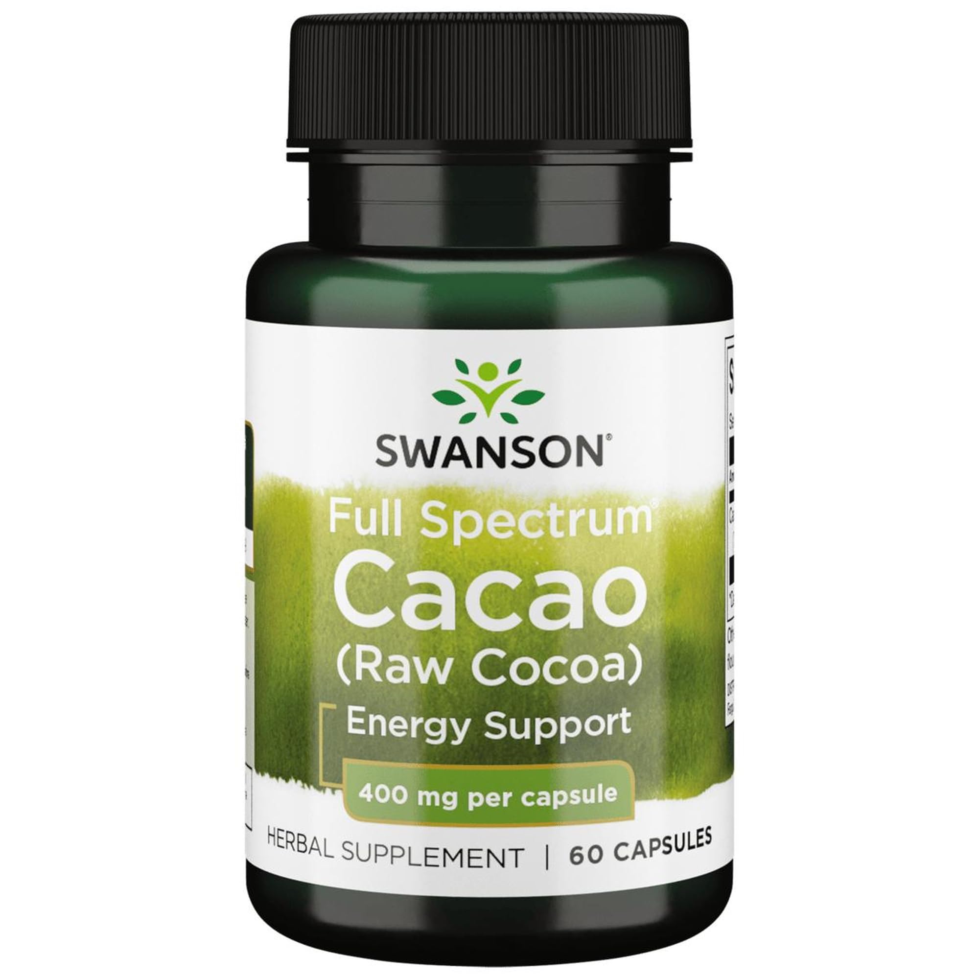 Swanson Full Spectrum Cacao capsules emballage visibles, prête pour démarrer une routine matinale naturelle.