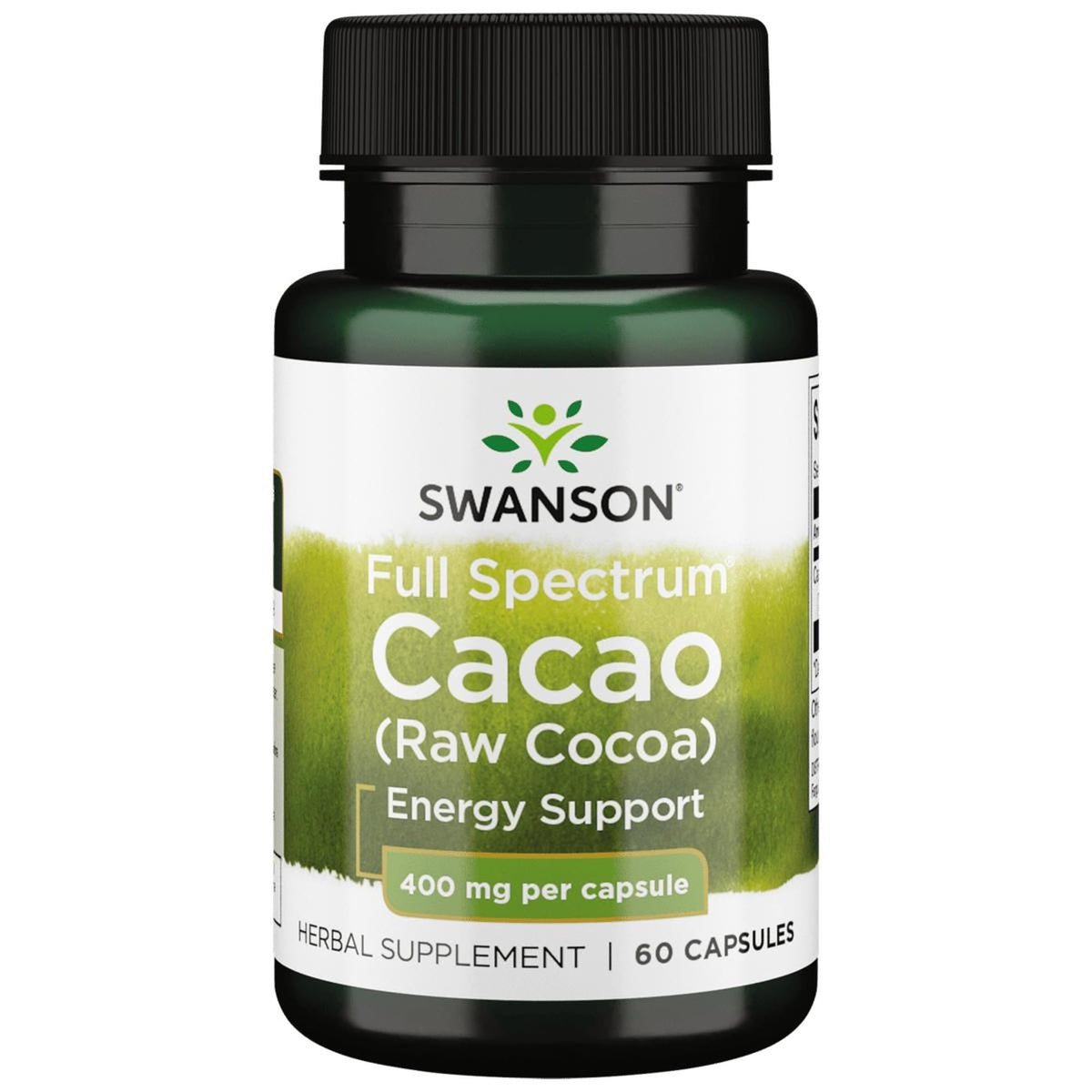 Swanson Full Spectrum Cacao capsules emballage visibles, prête pour démarrer une routine matinale naturelle.