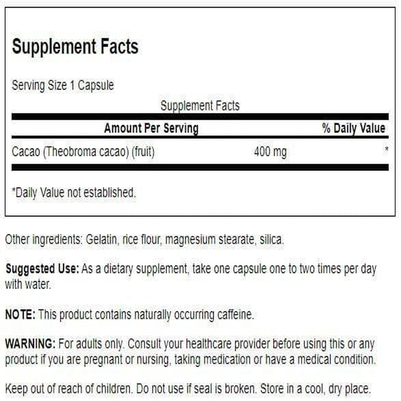 Swanson Full Spectrum Cacao énergie douce, capsules faciles à avaler pour le matin.