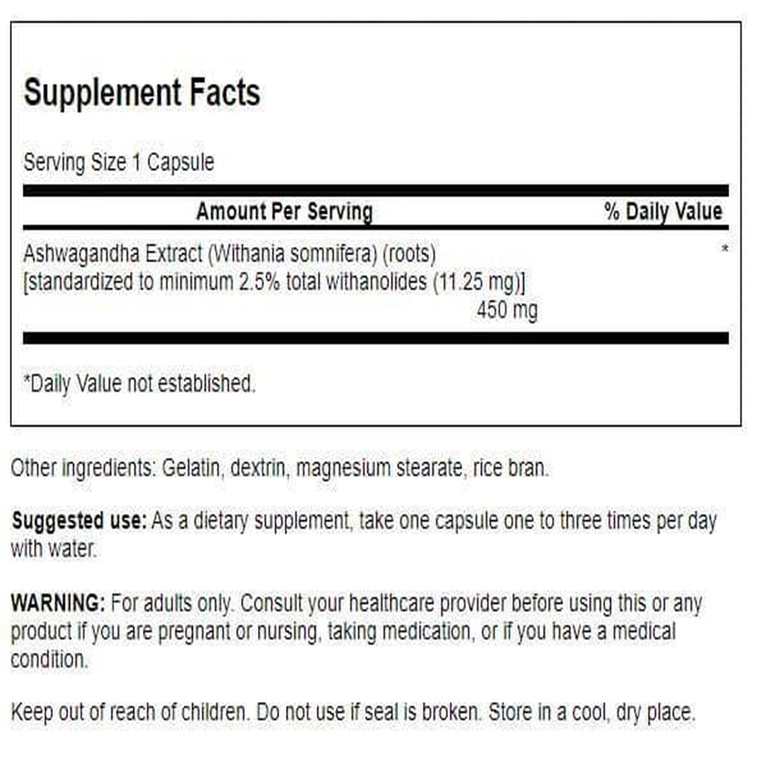 Swanson Gelules Ashwagandha 450 mg : gros plan sur les gélules faciles à avaler.