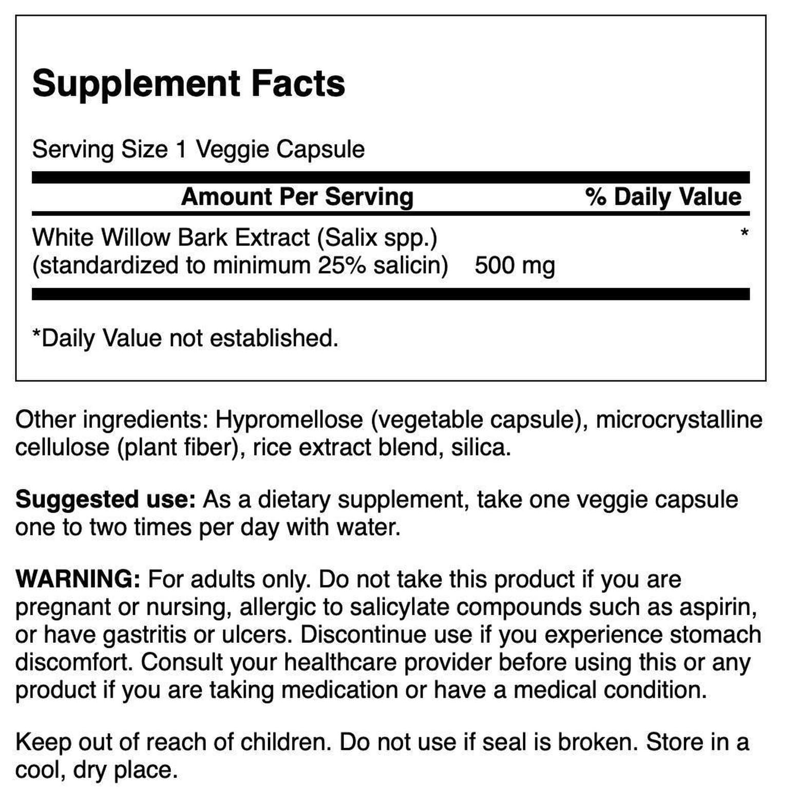 Gélules végétales Swanson Saule Blanc 500 mg, faciles à avaler pour le confort musculaire.
