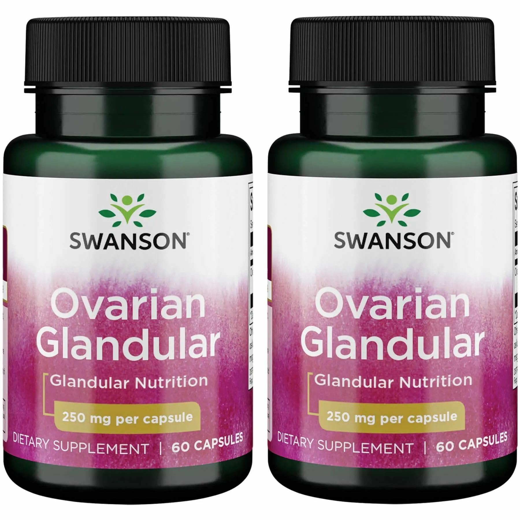 Swanson Glande ovarienne – capsules visibles sur l'étiquette, soutien potentiel de l'équilibre hormonal féminin.