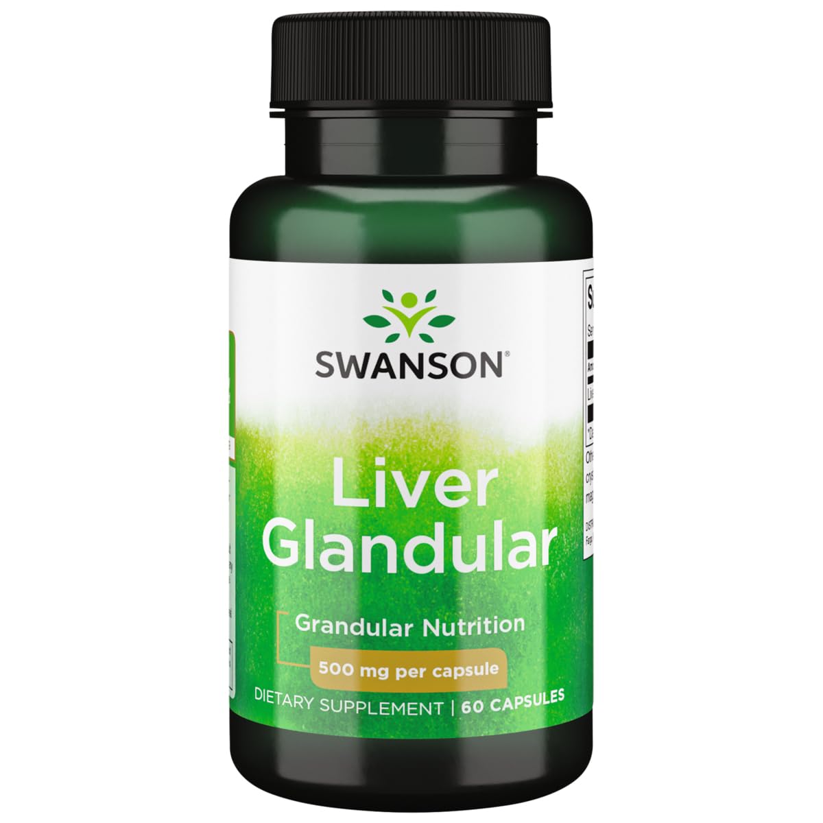 Swanson glandulaires du foie : bouteille ouverte et capsules faciles à avaler pour la routine quotidienne.