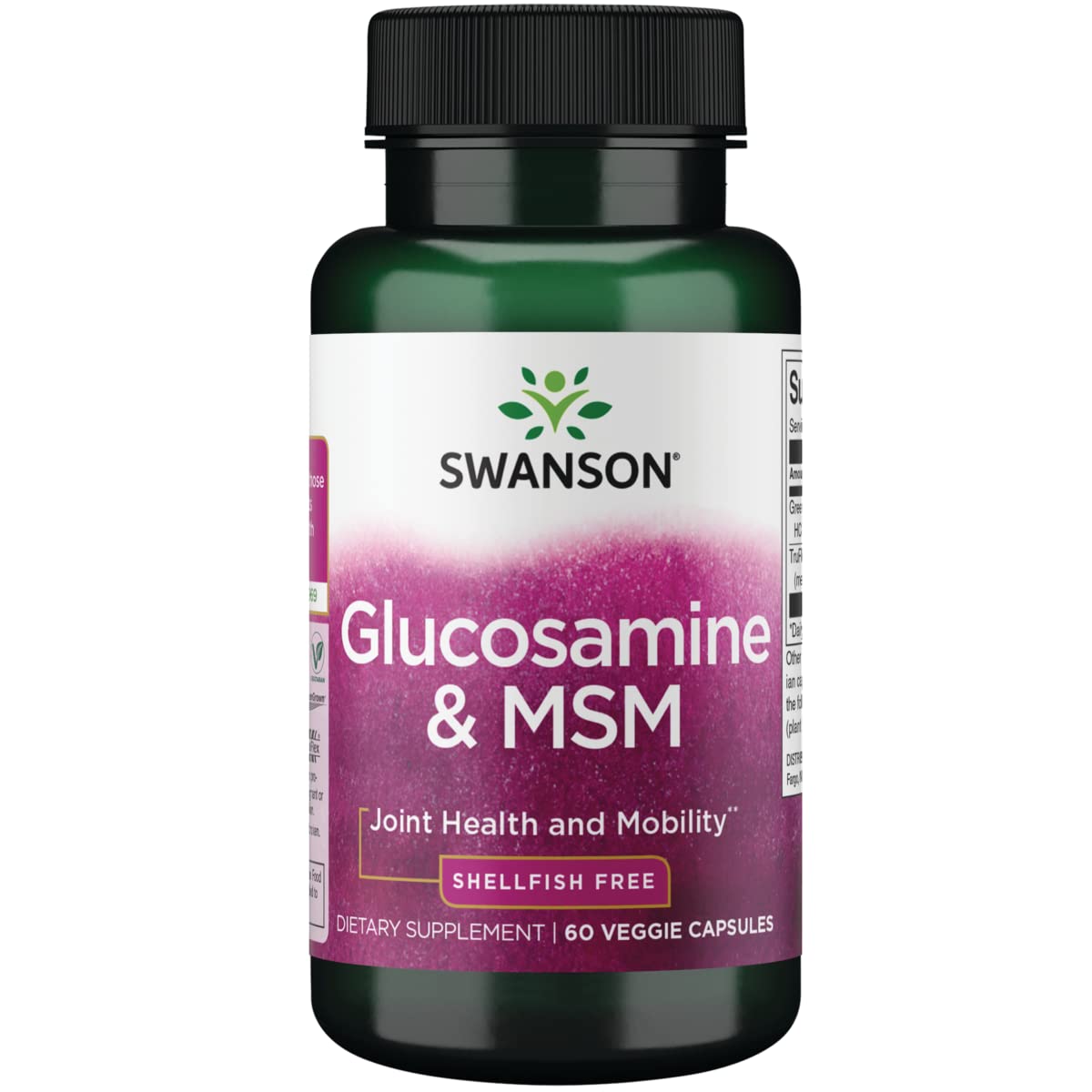Swanson Glucosamine & MSM, bouteille de gélules, soutien potentiel des articulations et mobilité.