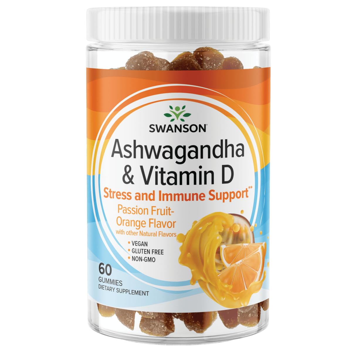 Gomme Swanson Ashwagandha et Vit D, bouteille montrée, pour une routine de bien-être.