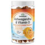 Gomme Swanson Ashwagandha et Vit D, bouteille montrée, pour une routine de bien-être.