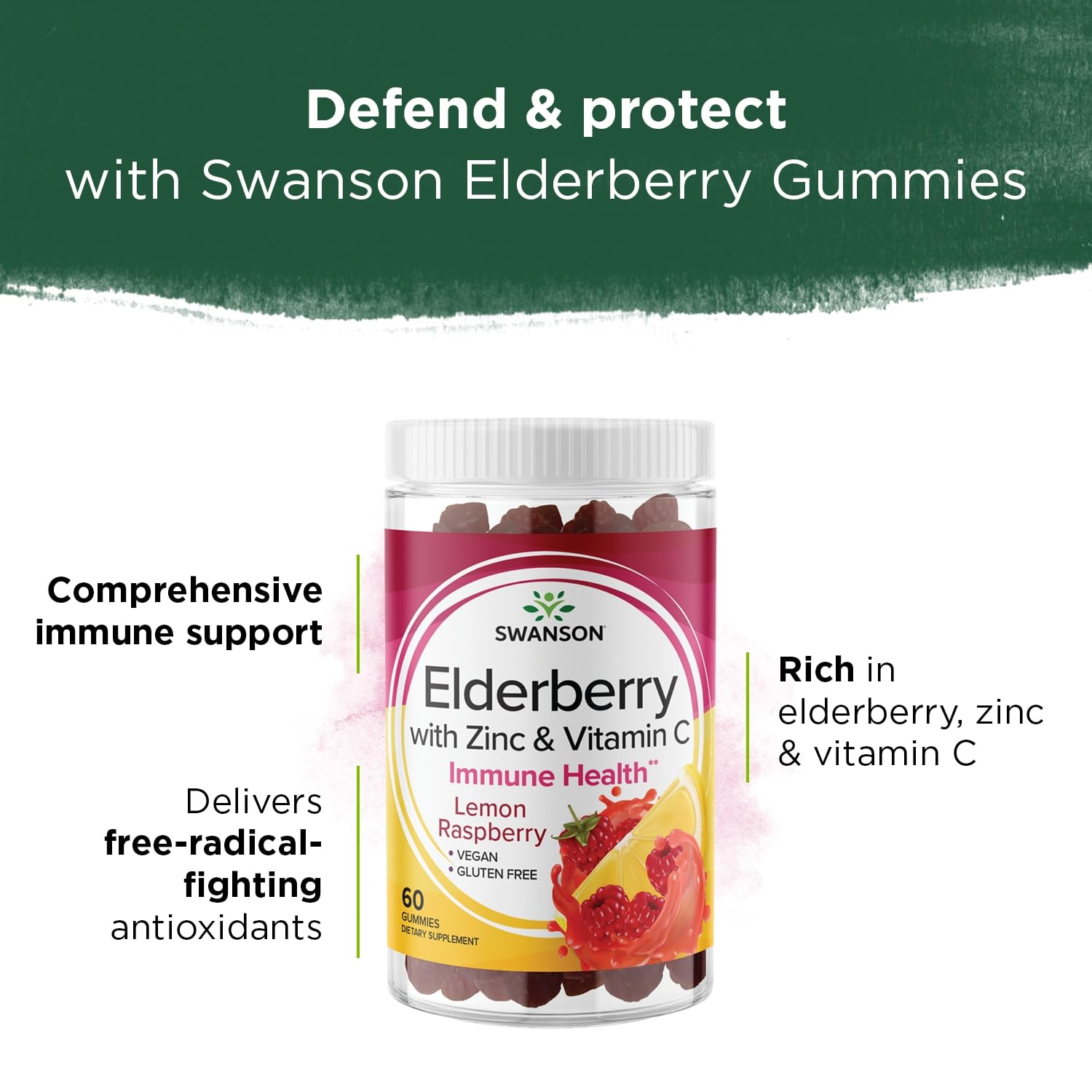 Ingrédients naturels Swanson: sureau et nutriments clés pour l'immunité.