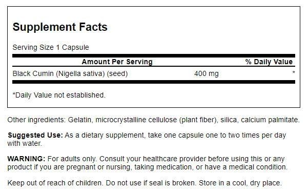 Swanson Graine de cumin noir 400 mg — etiquette produit, indication d'usage quotidien et bien-être.