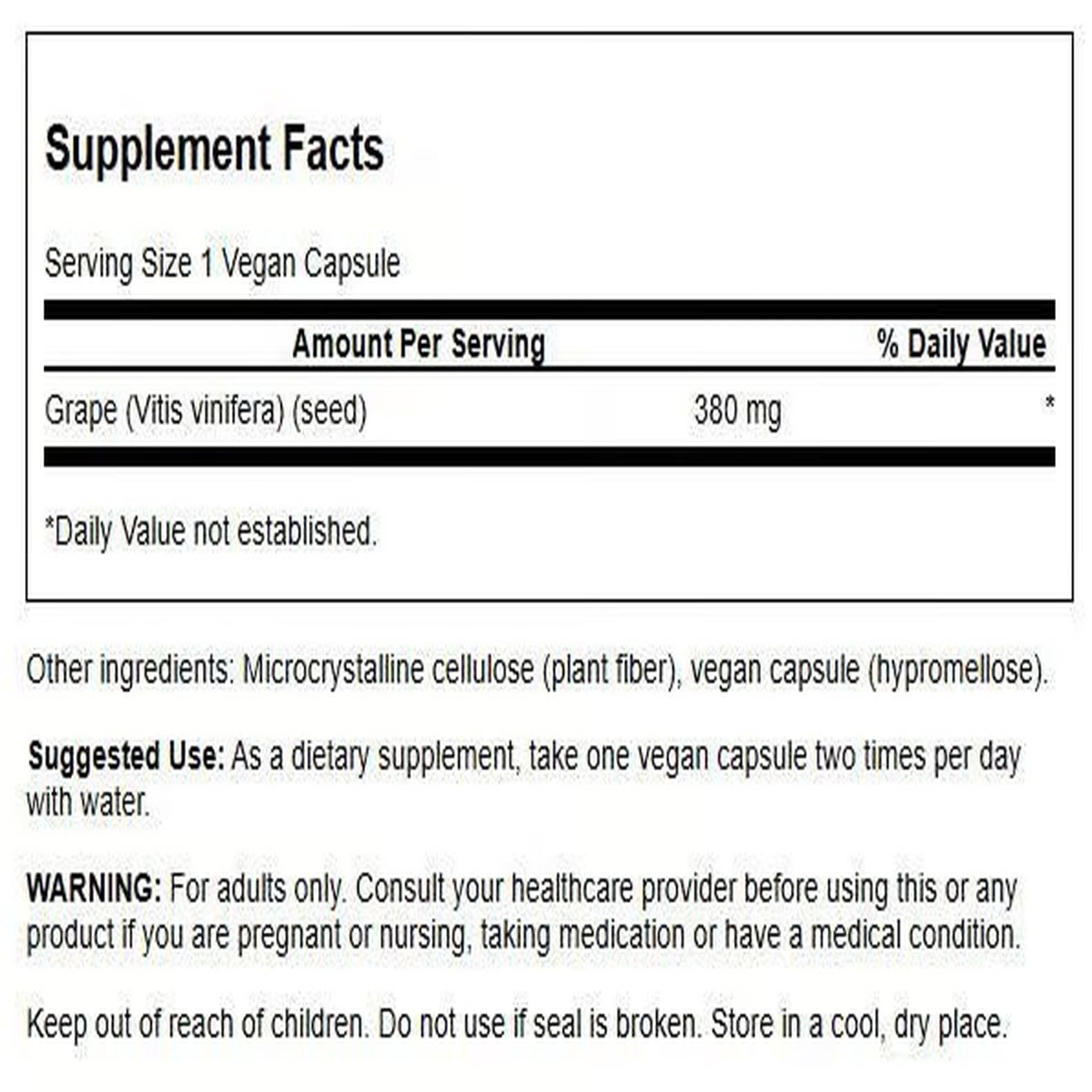 Swanson Graine de raisin — capsules 380 mg pour un apport polyphénolique pratique.