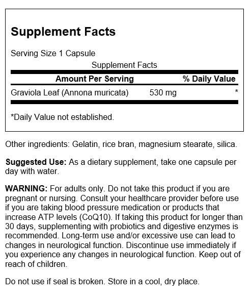 Swanson Graviola 530 mg étiquette et boite: aperçu clair pour une routine bien-etre.
