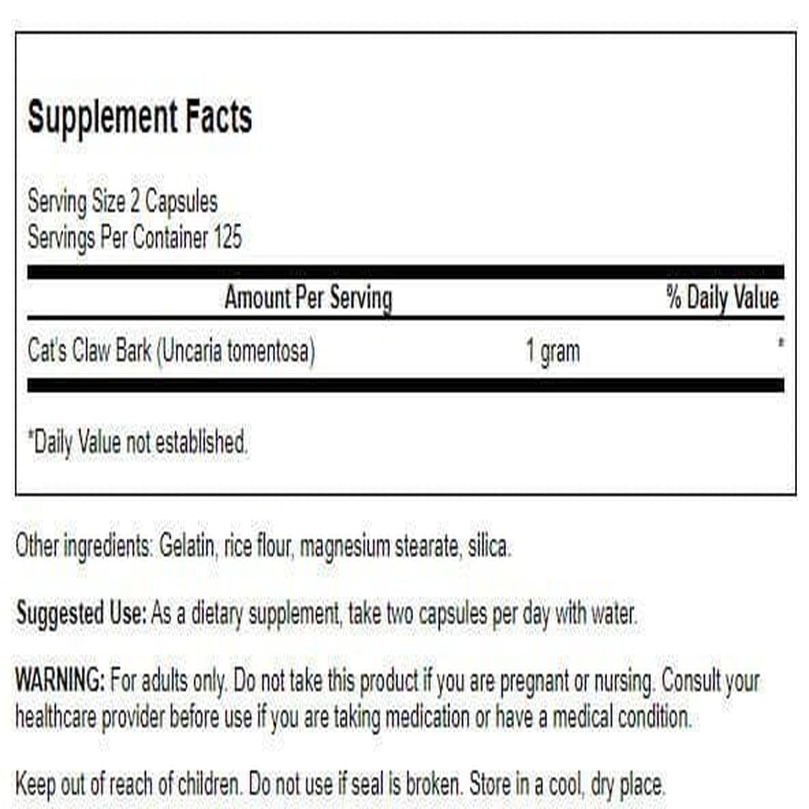 Swanson Griffe de Chat Capsules 500 mg — capsules faciles à avaler et intégration quotidienne.