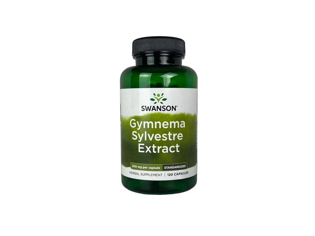 Swanson Gymnema Sylvestre, bouteille de capsules, soutien potentiel contre l’attrait des aliments sucrés.