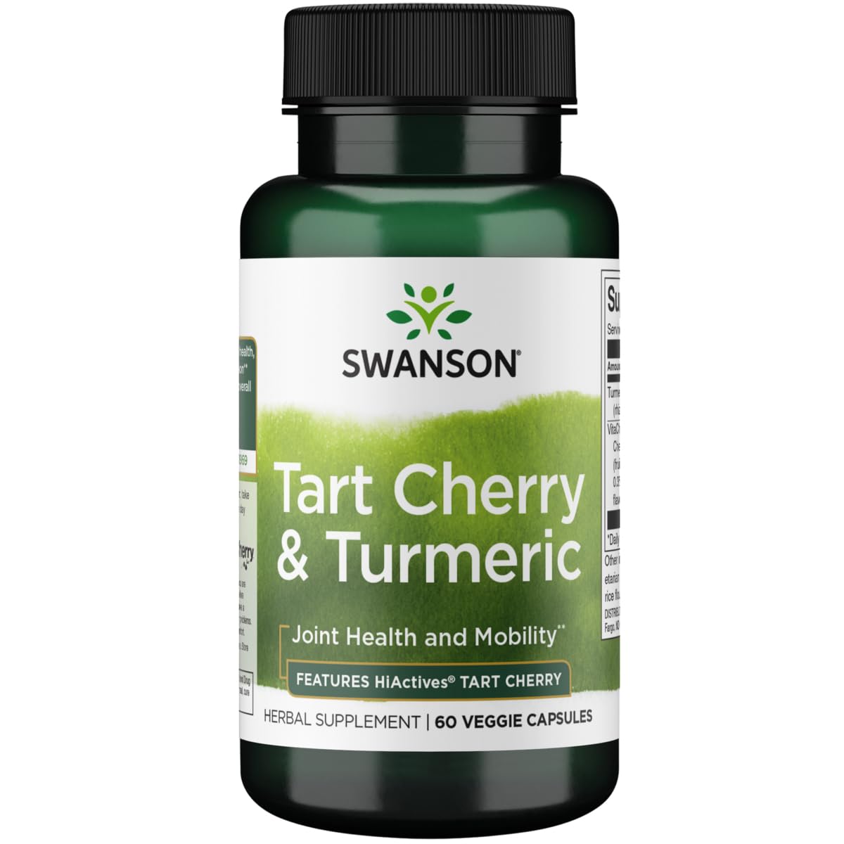 Swanson Hiactives Tart Cherry & Turmeric, bouteille: soutien des articulations et mobilité au quotidien.