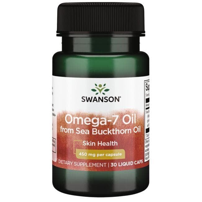 Étiquette Swanson Omega-7 indiquant le dosage et l'origine non-OGM.