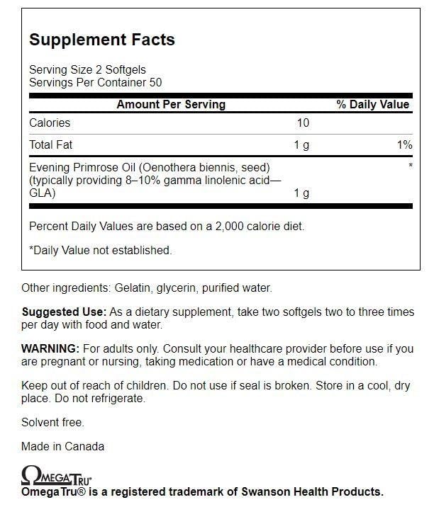 Swanson Huile d'onagre Omegatru 500 mg - gélules, usage quotidien possible pour le bien-être