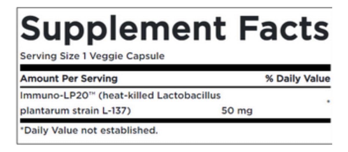 Étiquette et dosage clairs sur l'emballage Immunobiotic Immuno-Lp20, conseils d'utilisation simples.