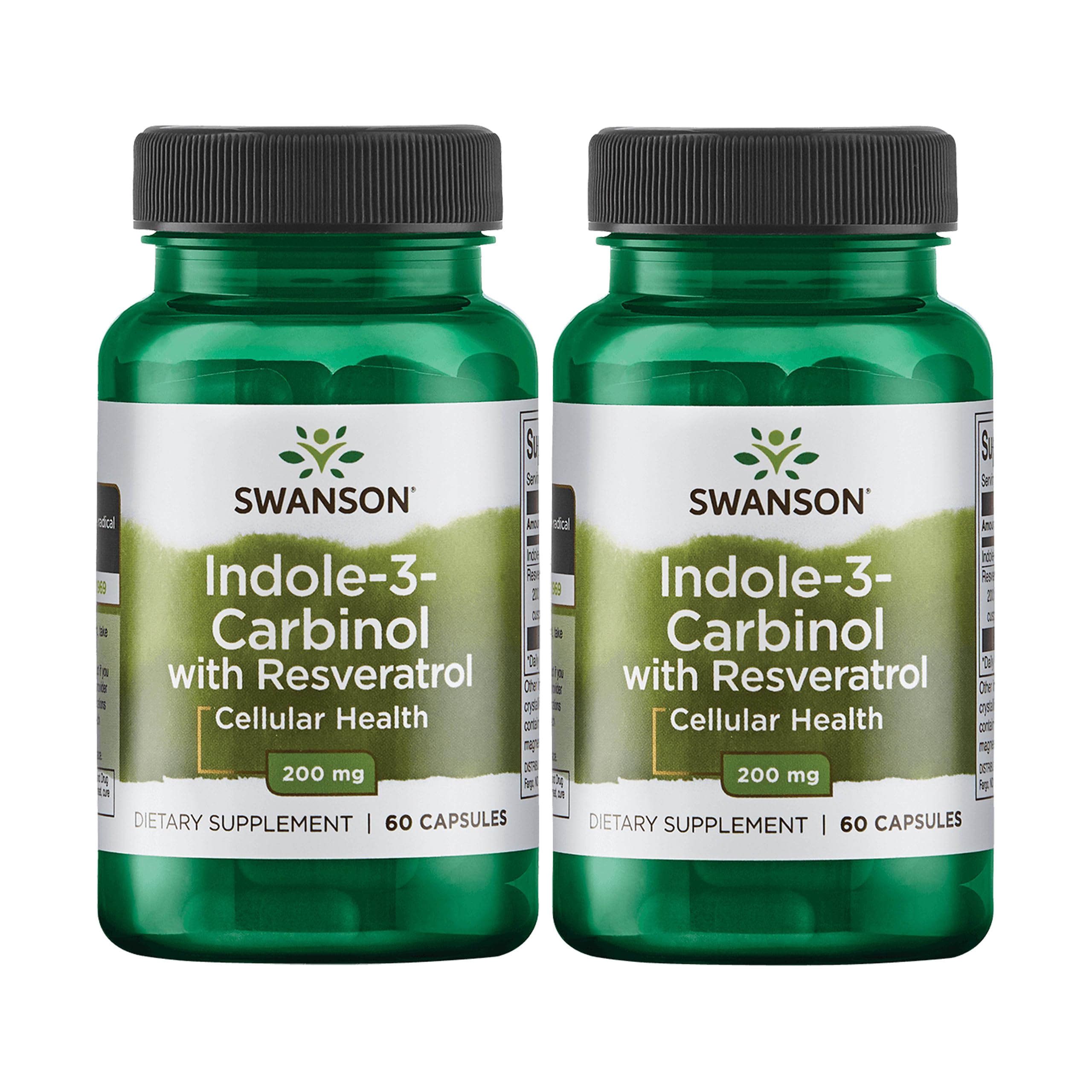 Bouteille Swanson Indole-3-Carbinol avec résveratrol, soutien potentiel de l'équilibre hormonal.