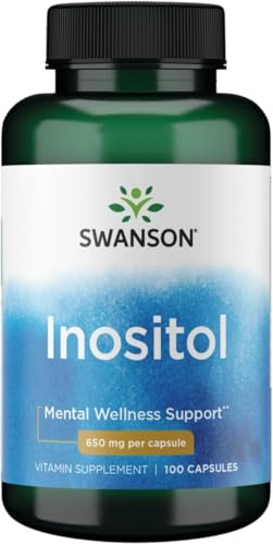 Swanson Inositol 650 mg, bouteille affichant l'étiquette, soutien potentiel du bien-être quotidien.