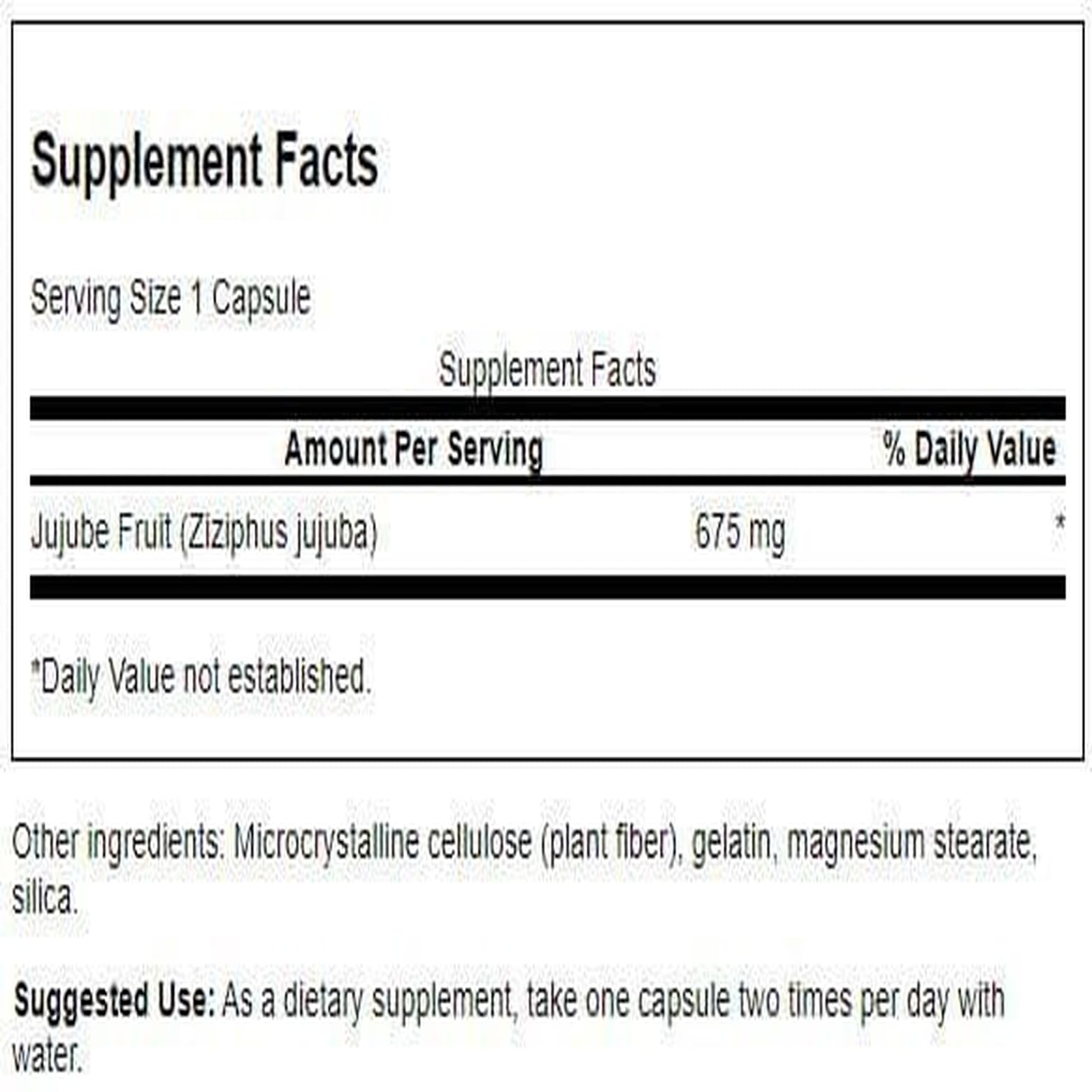 Swanson Jujube Fruit, capsule dans bouteille ouverte, dégustation facile pour la détente quotidienne.