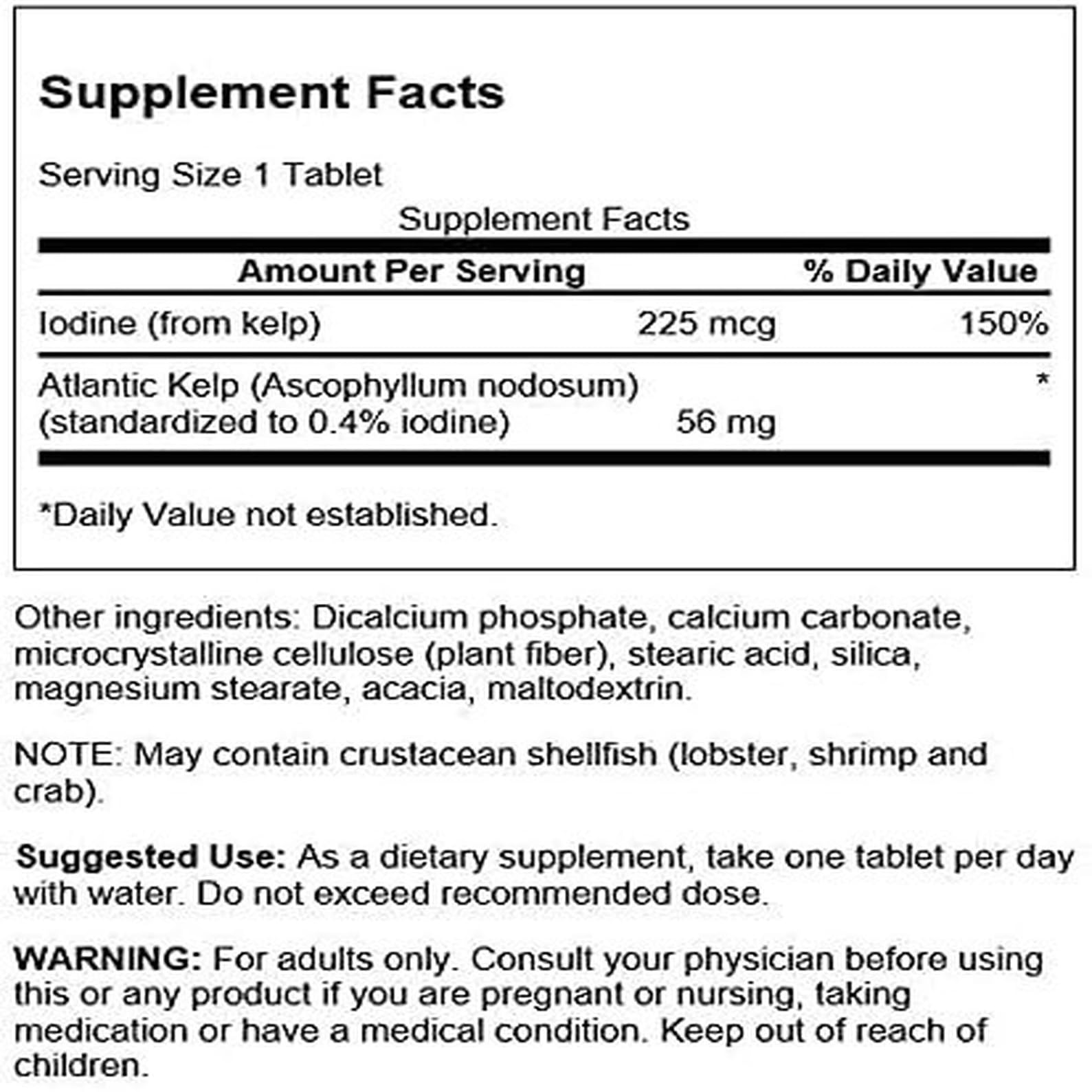 Swanson Kelp – tablettes, dosage 225 mcg, source naturelle d iode.