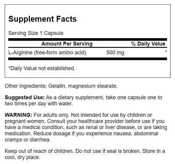 Swanson L-Arginine capsules, paquet de 100 facilement transportables.